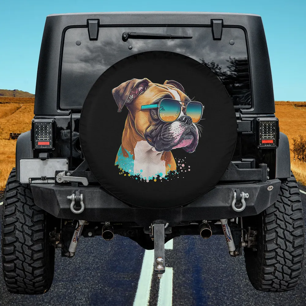 funny boxer dog with teal sunglasses and splash art spare tire cover on Jeep
