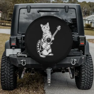 funny cartoon cat bass guitar musician spare tire cover with backup camera hole option