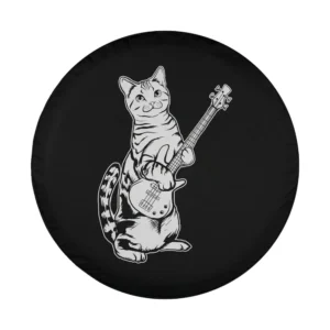 cartoon cat playing bass guitar musician artwork for spare tire cover