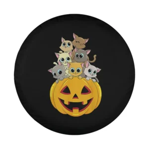 funny cartoon cats pumpkin halloween spare tire cover design closeup