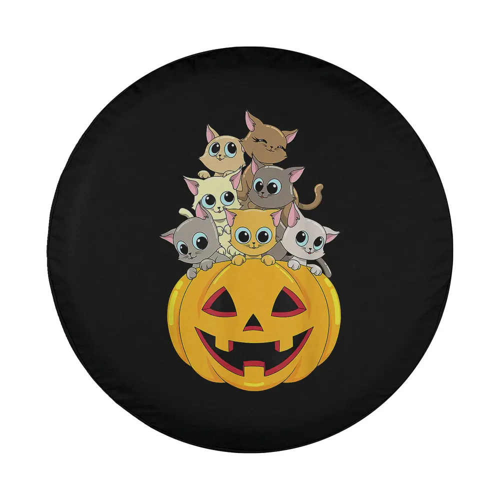 funny cartoon cats pumpkin halloween spare tire cover design closeup