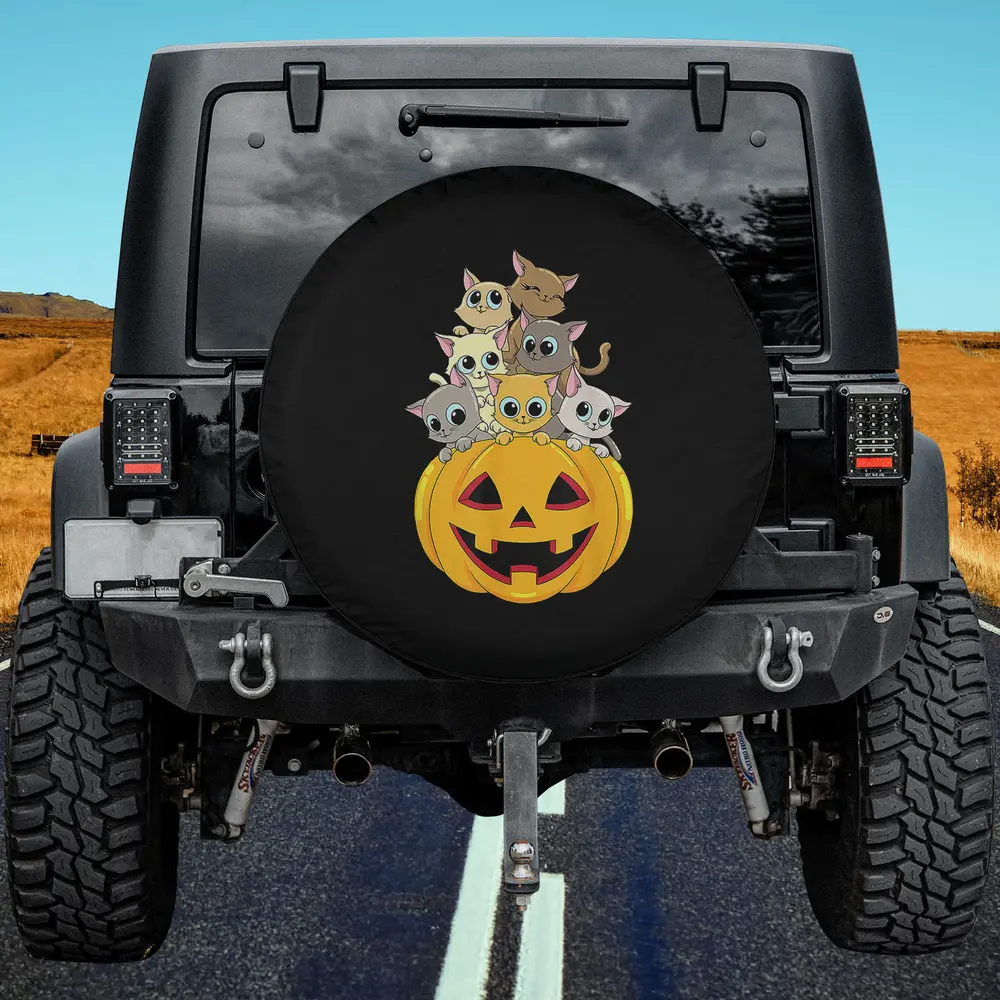 funny cartoon cats pumpkin halloween spare tire cover with no camera hole for Jeep RV