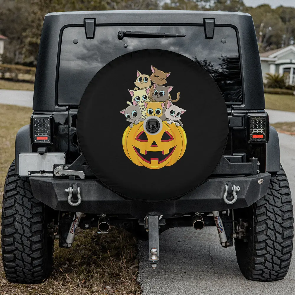 funny cartoon cats pumpkin halloween spare tire cover with backup camera hole for SUV Jeep