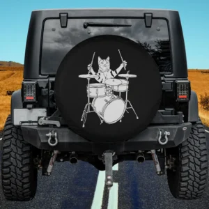 funny cat drum kit line art spare tire cover without camera hole for Jeep