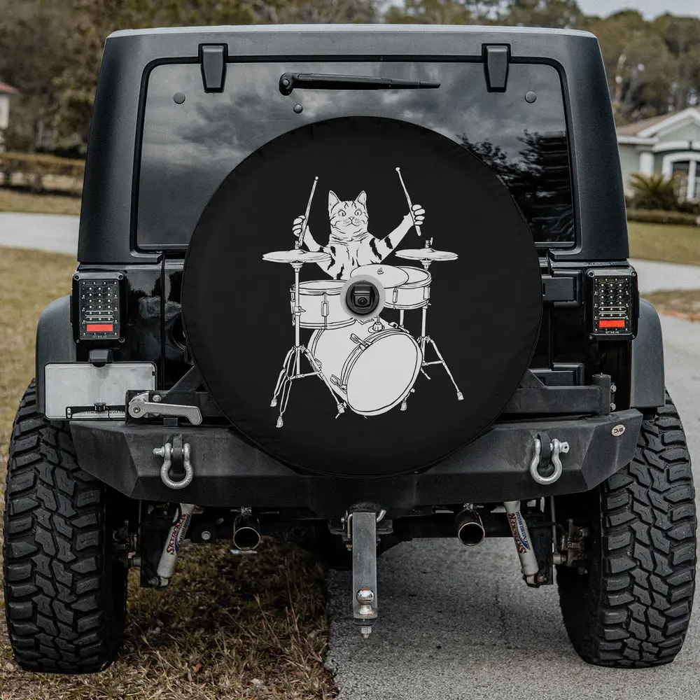 funny cat drum kit line art spare tire cover with backup camera hole option