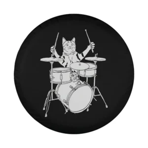 funny cat playing drums line art design for spare tire cover