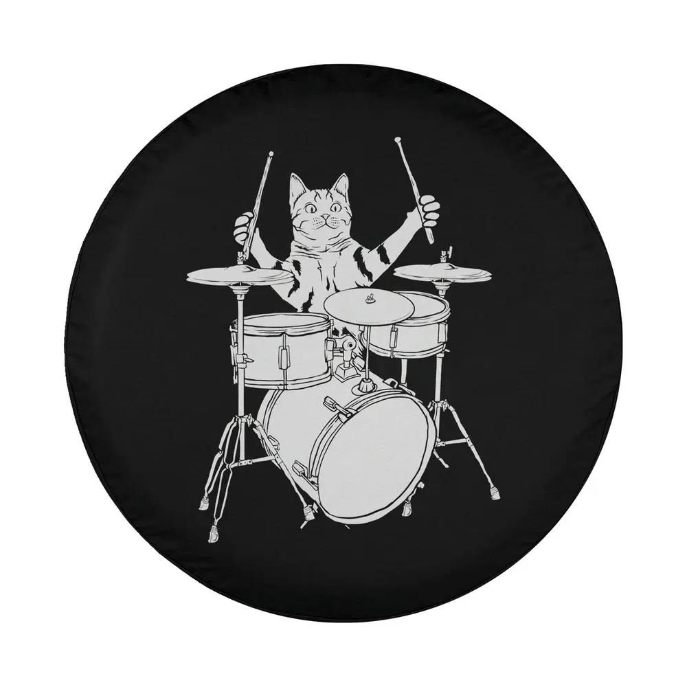 funny cat playing drums line art design for spare tire cover