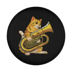 funny cat playing tuba cartoon musician design for spare tire cover