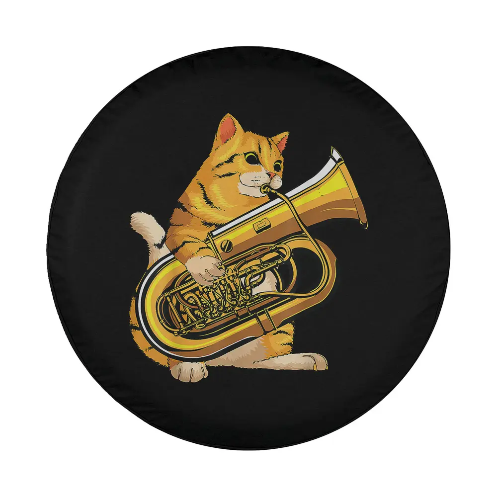 funny cat playing tuba cartoon musician design for spare tire cover