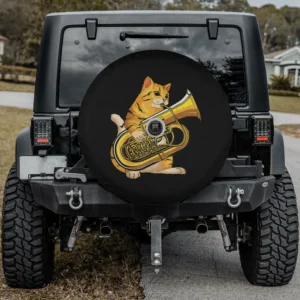 funny cat playing tuba cartoon musician spare tire cover with camera hole