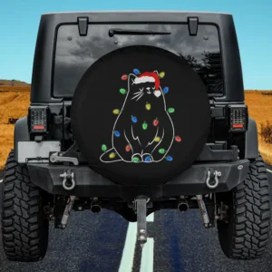funny cat santa hat christmas lights spare tire cover on Jeep