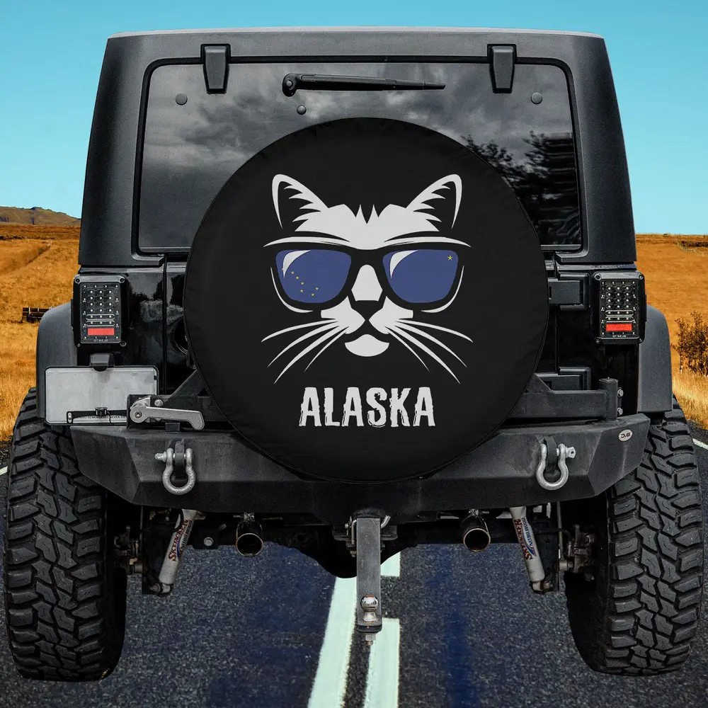 funny cat sunglasses alaska state flag spare tire cover no camera hole for Jeep