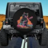 funny cat sunglasses electric guitar rock spare tire cover on Jeep in road trip scene