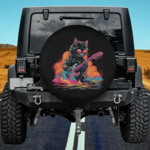 funny cat sunglasses electric guitar rock spare tire cover on Jeep in road trip scene