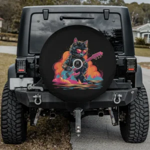 funny cat sunglasses electric guitar rock spare tire cover with backup camera hole for SUV