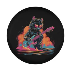 cartoon funny cat in sunglasses playing electric guitar with neon smoke art design