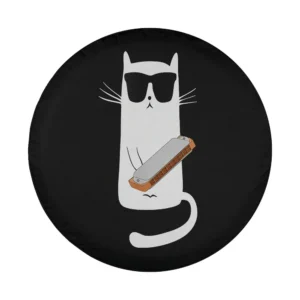 cartoon cat with sunglasses and harmonica minimalist design for tire cover
