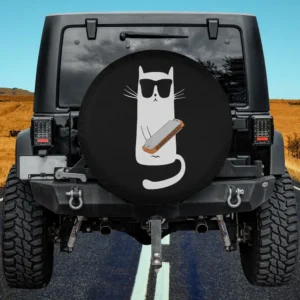 funny cat wearing sunglasses playing harmonica cartoon spare tire cover on Jeep