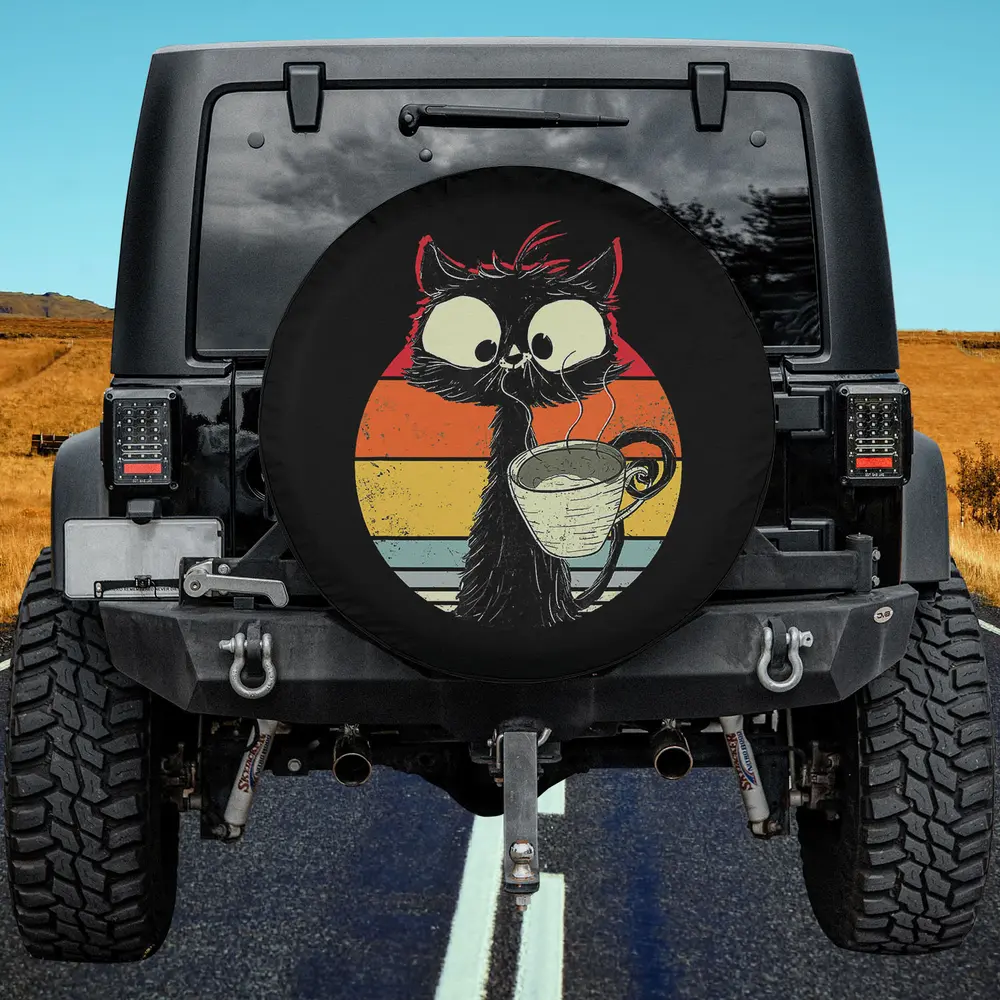 funny coffee mug black cat retro sunset spare tire cover with no camera hole for Jeep and SUV