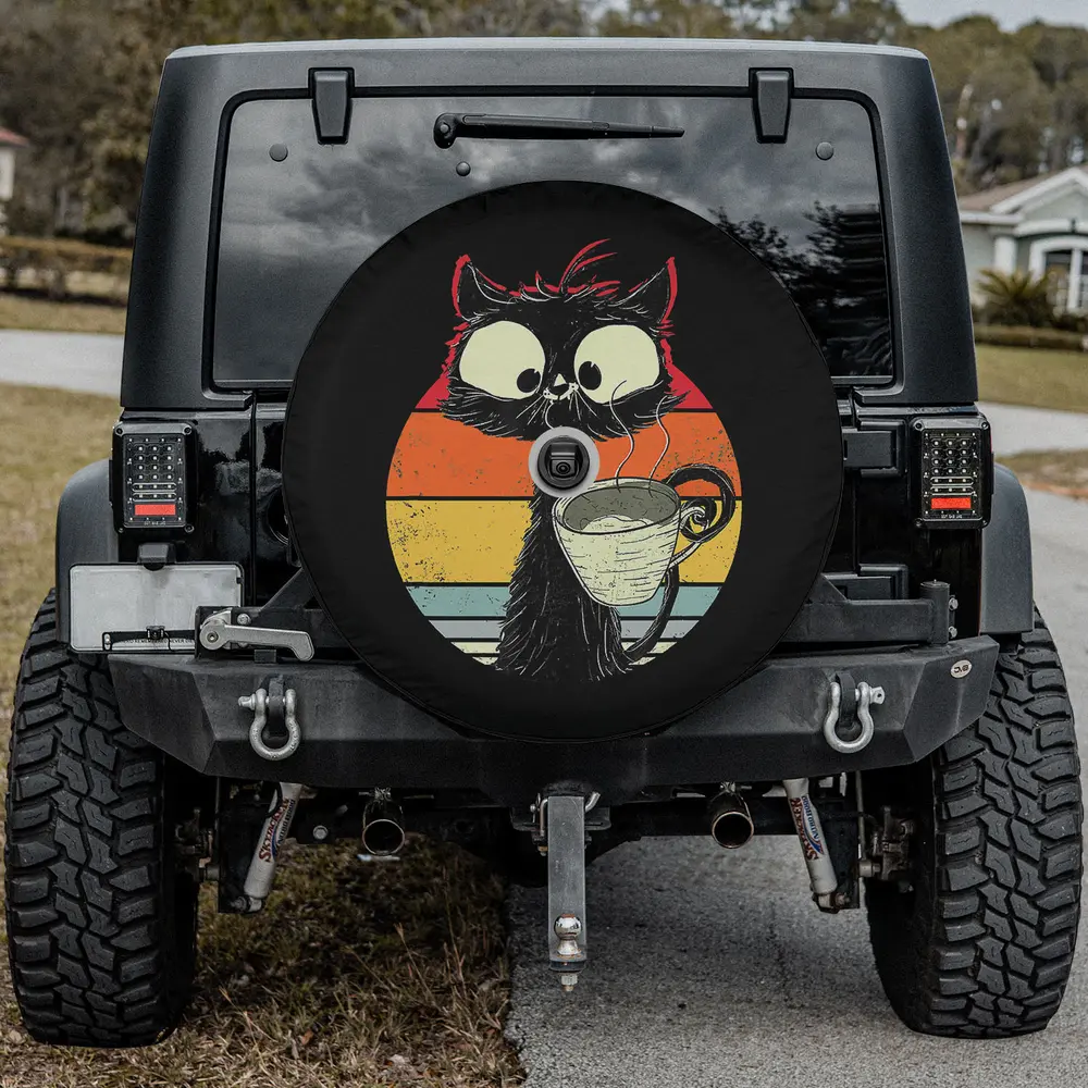 funny coffee mug black cat retro sunset spare tire cover with backup camera hole for Jeep Wrangler