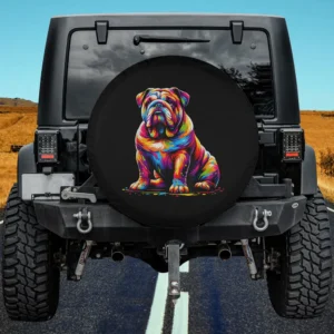 funny colorful english bulldog pop art spare tire cover on Jeep with vibrant rainbow dog