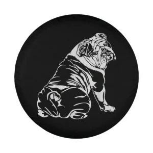 Funny English Bulldog white line art dog spare tire cover design only on black background