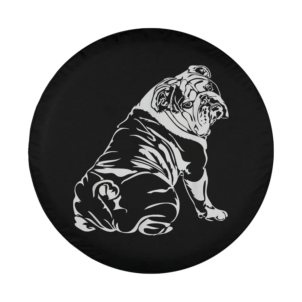 Funny English Bulldog white line art dog spare tire cover design only on black background