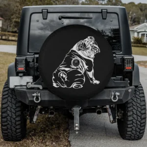 Funny English Bulldog white line art dog spare tire cover with backup camera hole for Jeep SUV RV