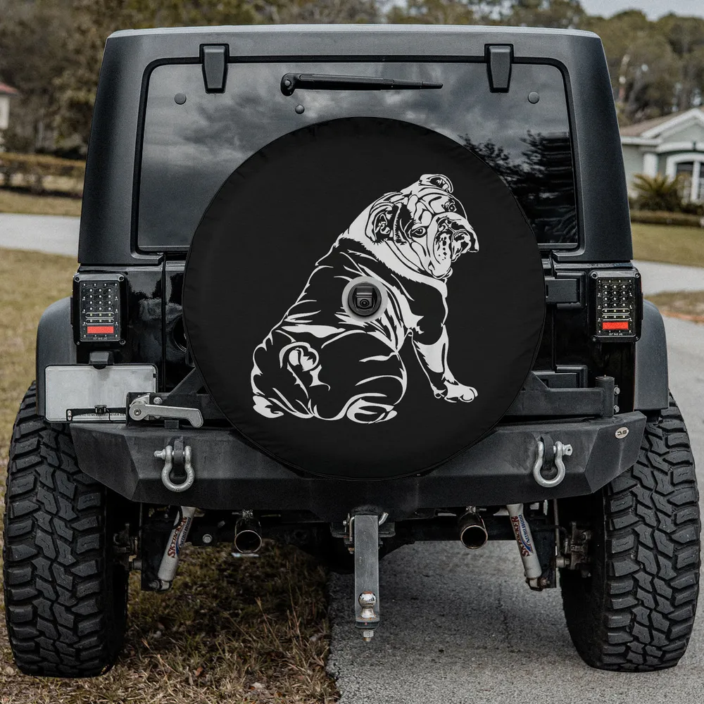 Funny English Bulldog white line art dog spare tire cover with backup camera hole for Jeep SUV RV