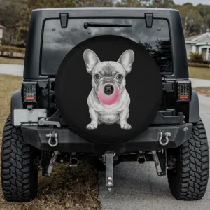 Spare tire cover with French Bulldog and pink bubble gum, backup camera hole