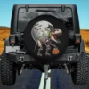 funny ghosts dinosaur t rex halloween spare tire cover with moon and pumpkin, no camera hole