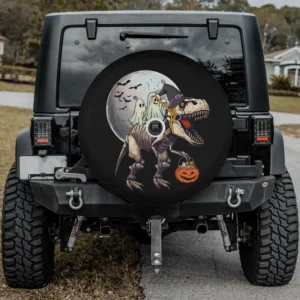funny ghosts dinosaur t rex halloween spare tire cover with moon and pumpkin, with camera hole