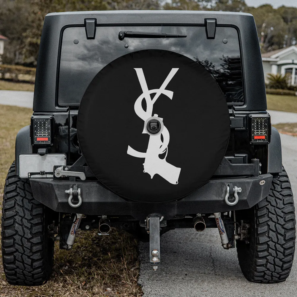 funny graphic luxury gun logo spare tire cover with camera hole for Jeep RV SUV