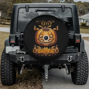 funny grinning pumpkin candy swirl halloween spare tire cover with camera hole