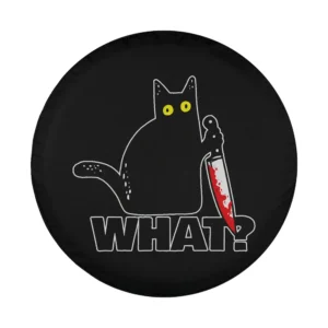 cartoon black cat holding bloody knife WHAT text halloween tire cover design
