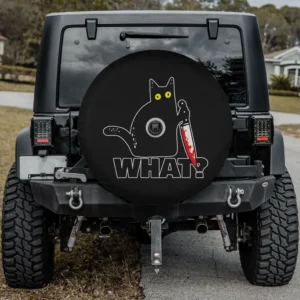 funny murderous cat with bloody knife and WHAT text halloween spare tire cover with camera hole