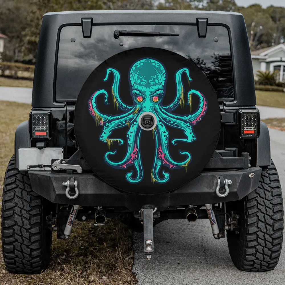 Funny octopus kraken ocean sea life spare tire cover with camera hole on Jeep