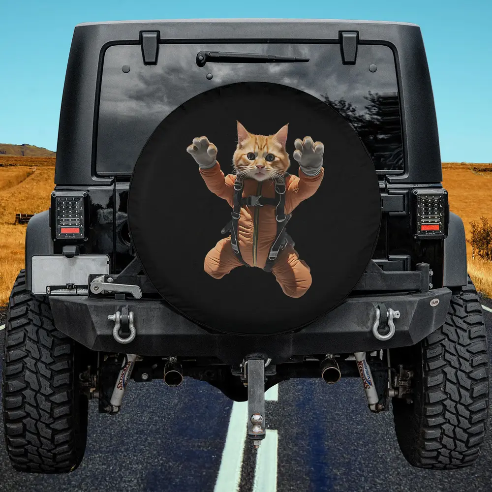 funny orange skydiving cat in parachute suit spare tire cover no camera hole