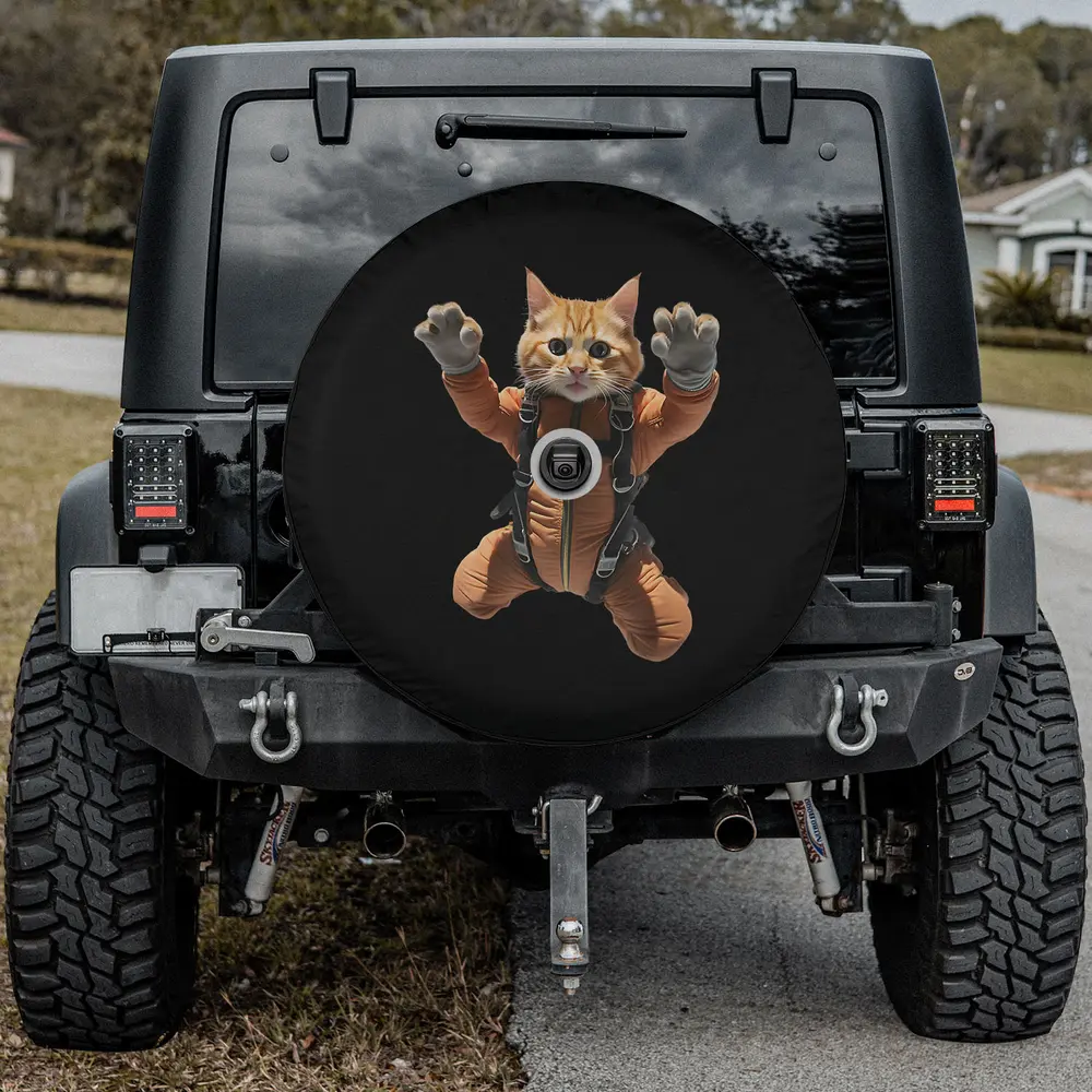 funny orange skydiving cat in parachute suit spare tire cover with camera hole