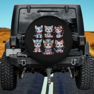 Funny patriotic USA cartoon cats cat spare tire cover with six cute kitties in red, white, and blue for Jeep, SUV, RV