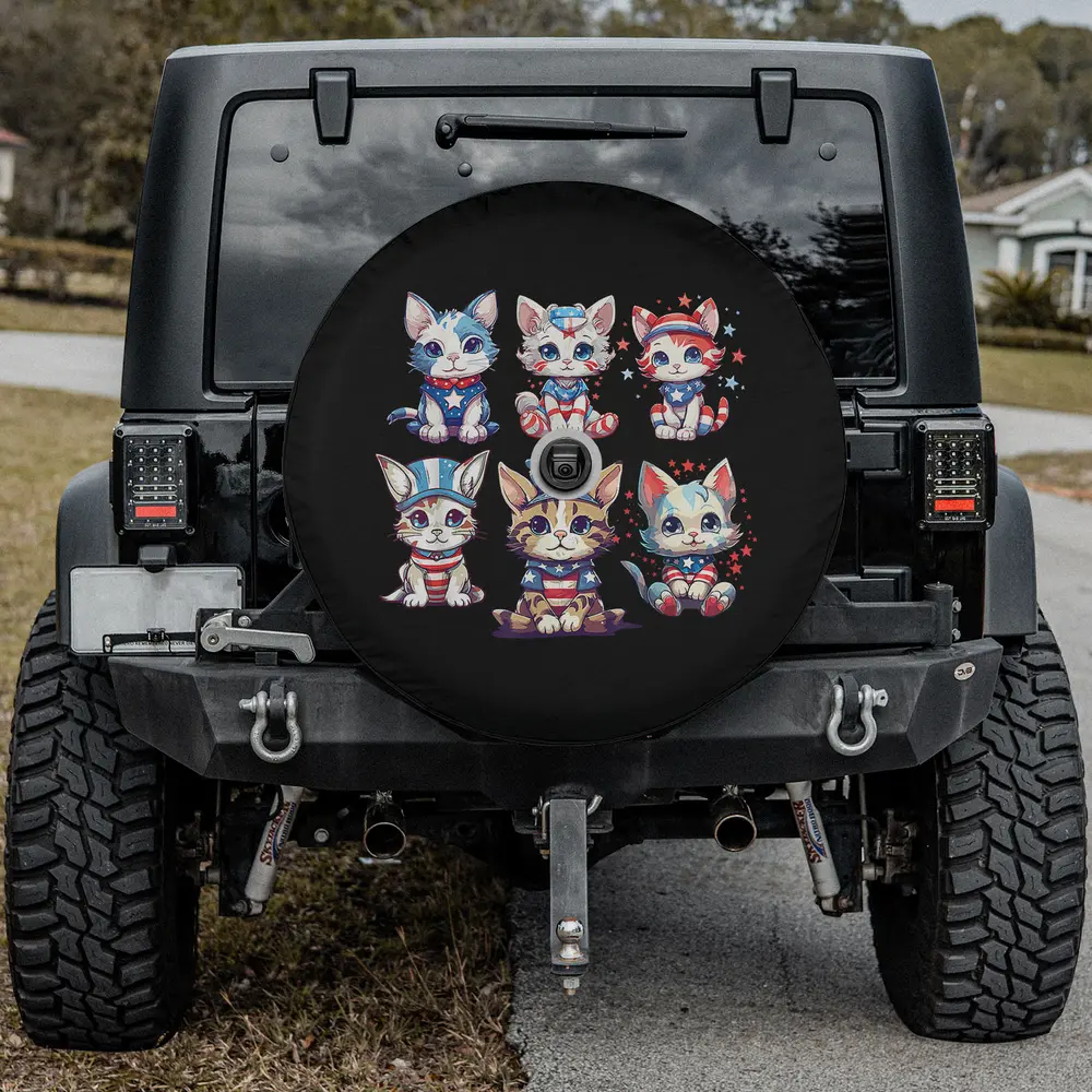 Funny patriotic USA cartoon cats cat spare tire cover with camera hole, six kitties in flag outfits for Jeep, SUV, RV