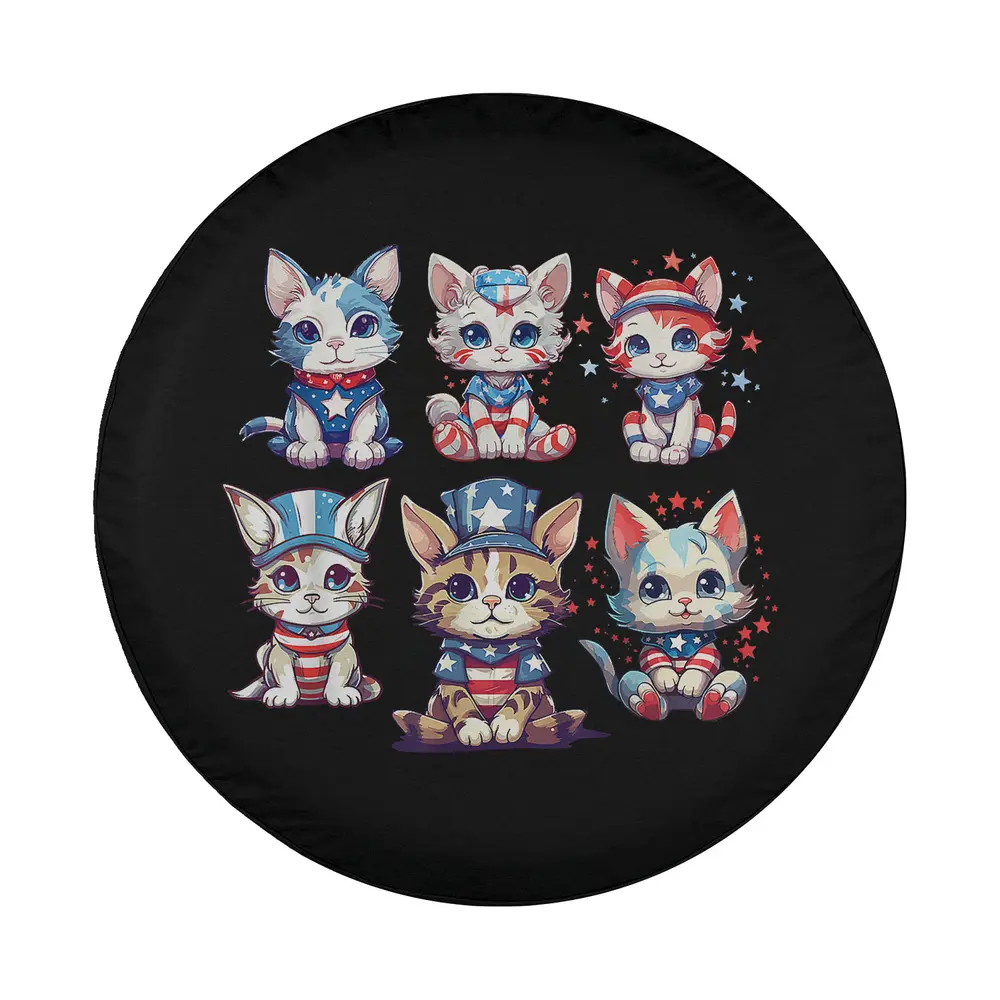 Funny patriotic USA cartoon cats design for cat spare tire cover, six playful kitties in red, white, blue