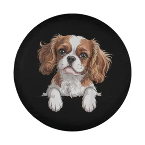 Cartoon Cavalier King Charles Spaniel peeking from pocket dog tire cover design