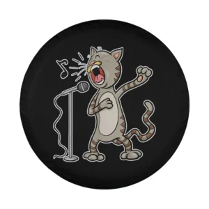 cartoon cat singing karaoke into microphone spare tire cover design