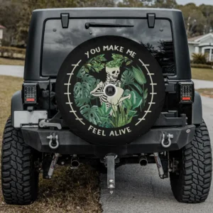 Funny skeleton with tropical plants Halloween spare tire cover with camera hole