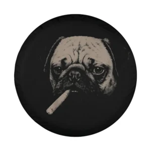 funny smoking pug dog meme spare tire cover design closeup