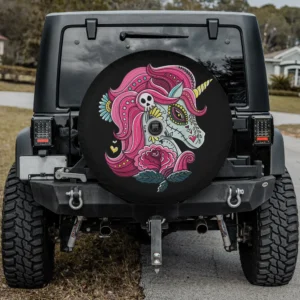 Funny sugar skull unicorn pink rose spare tire cover with backup camera hole for Jeep SUV RV