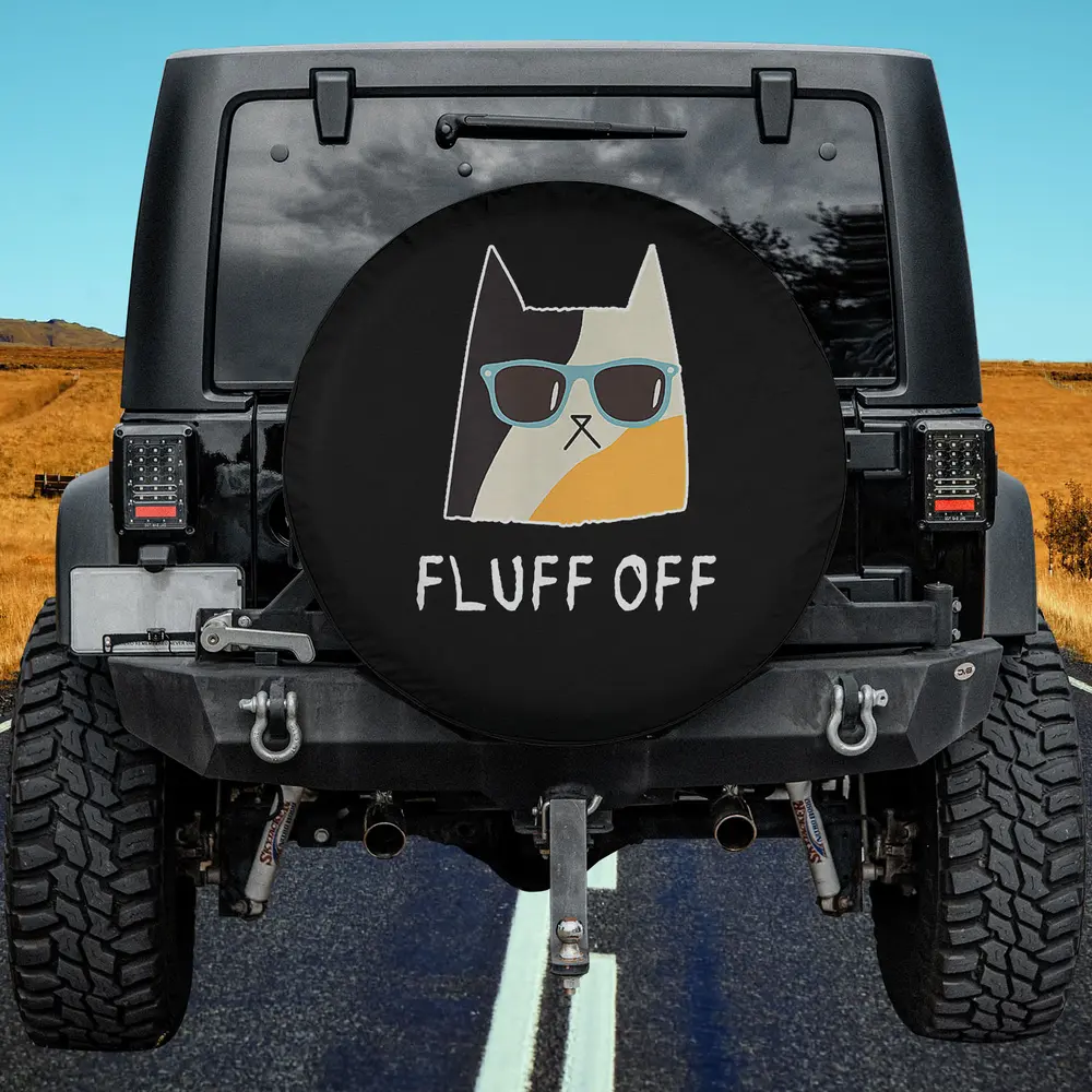 funny sunglasses cat fluff off spare tire cover with cartoon cat and teal sunglasses, no camera hole