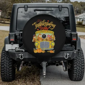 funny turkey school bus thanksgiving spare tire cover with camera hole for Jeep SUV