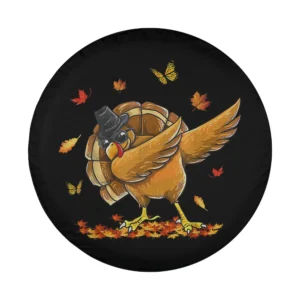 Cartoon turkey in sunglasses with autumn leaves and butterflies Thanksgiving tire cover art